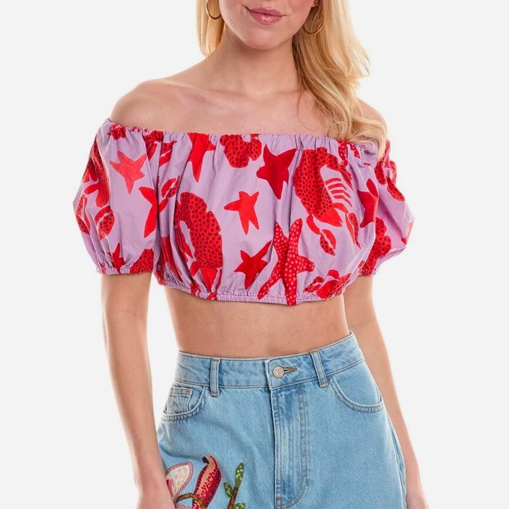 FARM Rio Lavender Off-Shoulder Crop Top with Red Starfish Print